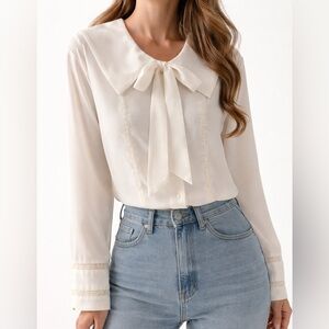 HAUTE ROGUE White Lace Trim Bow Blouse NWOT | Statement Collar Size M